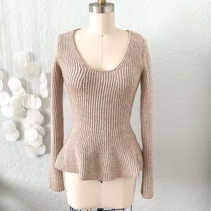 H&M Women's Taupe Ribbed Scoop Neck Peplum Sweater